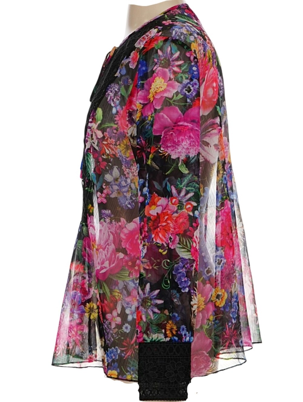 TADASHI SHOJI Gaberira Sheer Floral Tie Neck Blouse W/ Lace Panel & Cuffs Sz 4 - Picture 5 of 11